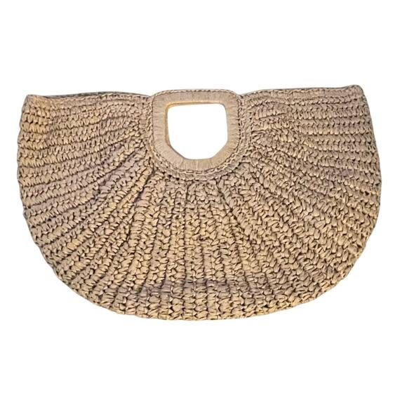 RAMLA Boho Half Moon Straw Crochet Lined Woven Hobo Clutch Handbag Tan NEW - Picture 4 of 7